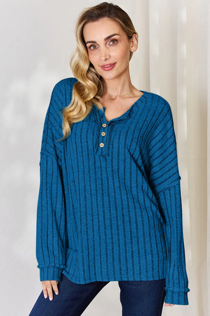 Rust-colored Basic Bae ribbed long sleeve T-shirt with half button detail, full size, by Trendsi.