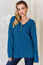 Rust-colored Basic Bae ribbed long sleeve T-shirt with half button detail, full size, by Trendsi.