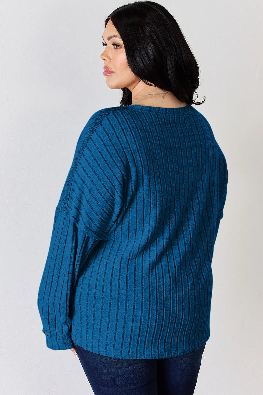 Rust-colored Trendsi Basic Bae ribbed long sleeve T-shirt with half button front and full size fit.
