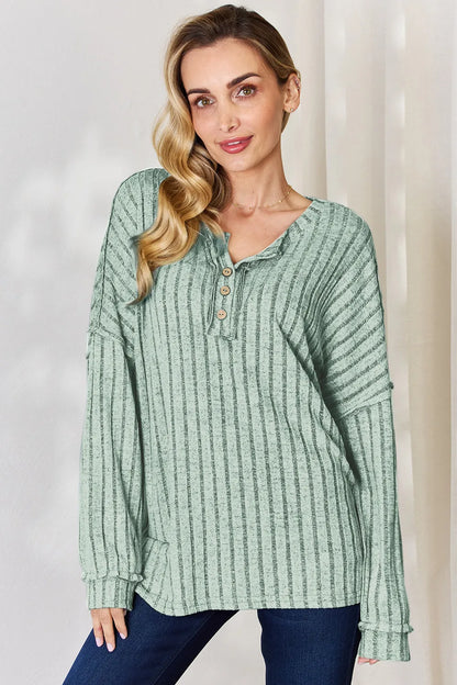 Rust-colored Trendsi Basic Bae ribbed long sleeve T-shirt with half-button front and full size fit.
