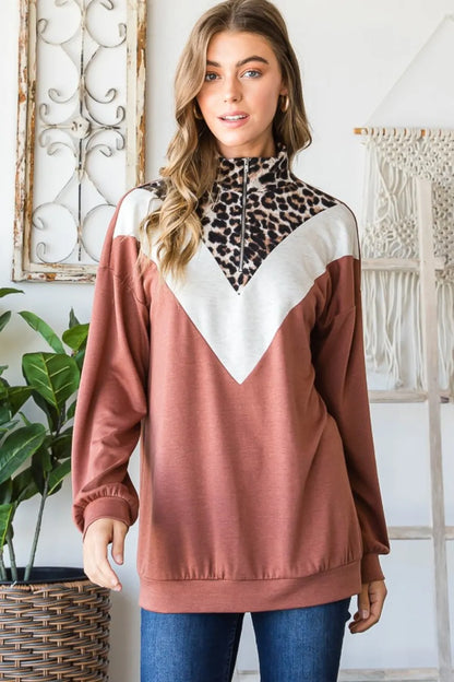 Heimish full-size leopard quarter zip mock neck sweatshirt in rust, featuring a stylish animal print and comfortable fit.