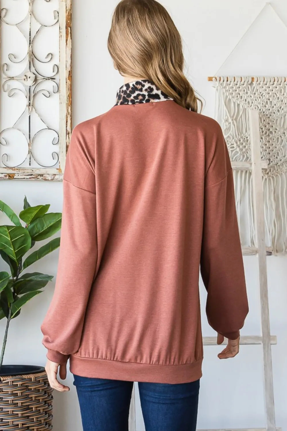 Heimish full size leopard quarter zip mock neck sweatshirt in rust, featuring a stylish animal print and cozy fit.