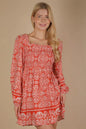Rust-colored Very J printed boho mini dress with smocked chest and short sleeves, stylish and casual for warm weather.