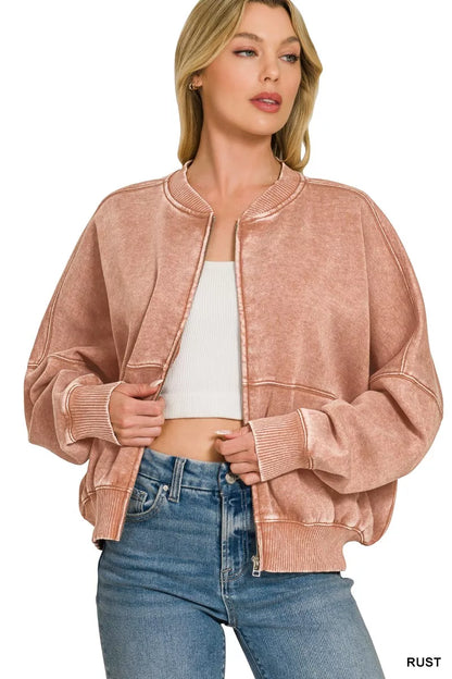 Rust-colored Zenana acid washed fleece jacket with a relaxed fit, featuring a front zipper and cozy fleece material.