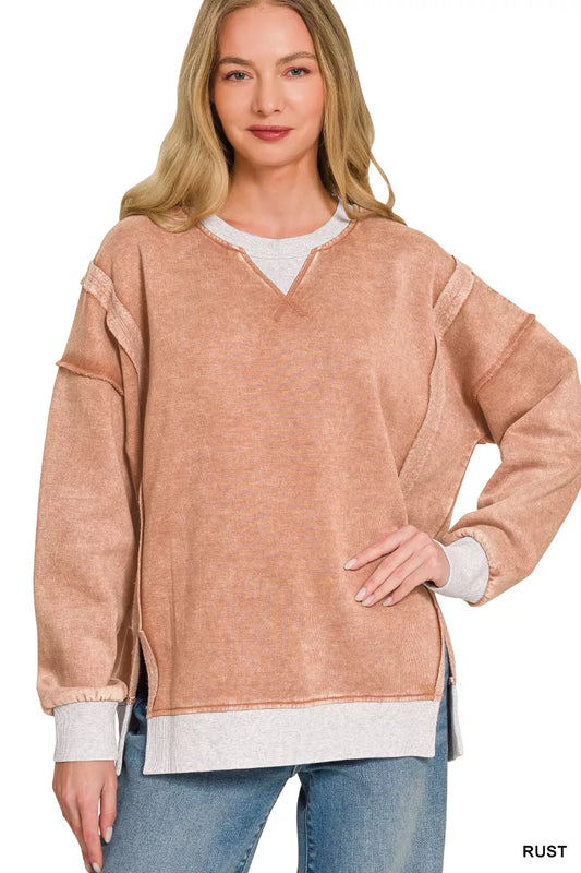 Rust-colored Zenana fleece acid washed sweatshirt with contrast trim, soft and cozy, casual fit, perfect for lounging or casual wear.