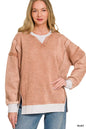 Rust-colored Zenana fleece acid washed sweatshirt with contrast trim, soft and cozy, casual fit, perfect for lounging or casual wear.