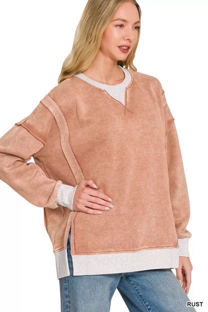 Rust-colored Zenana fleece acid-washed sweatshirt with contrast trim, casual long-sleeve sweatshirt by Trendsi.