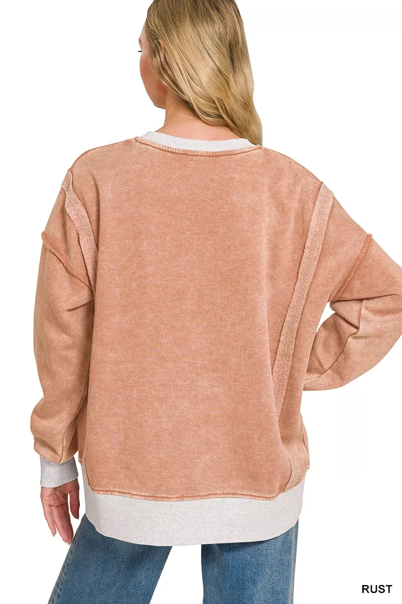 Rust-colored Zenana fleece acid washed sweatshirt with contrast trim, cozy and casual for everyday wear.