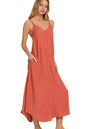 Rust-colored Zenana woven cami midi dress with arc hem and flowy pockets, perfect for casual summer wear.