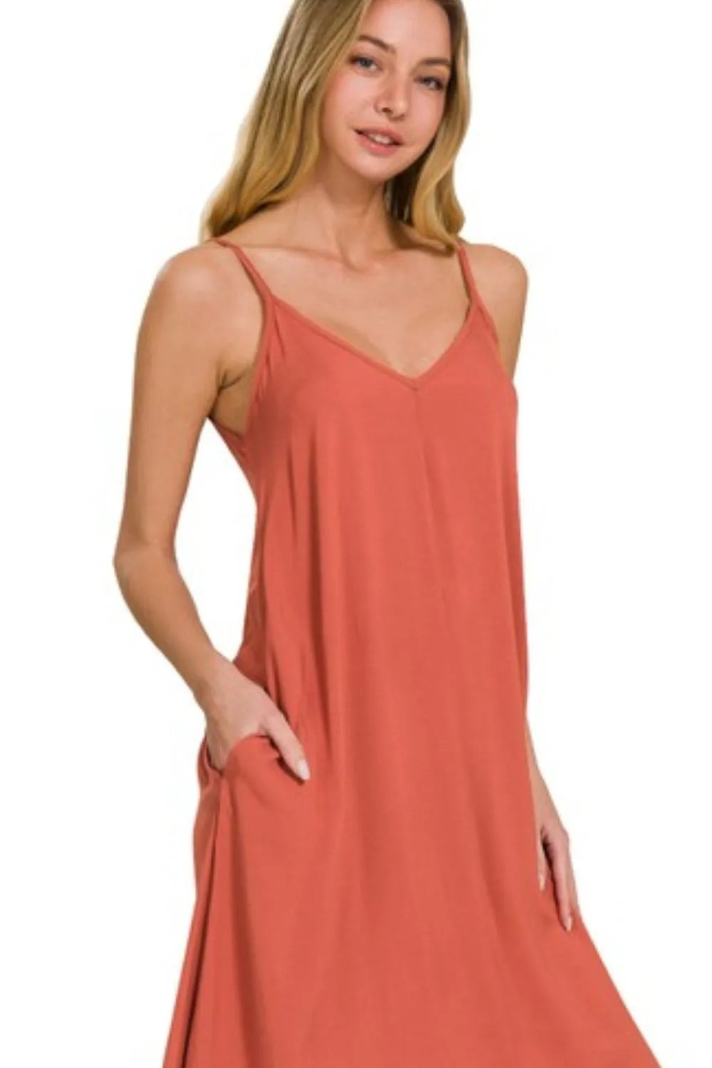 Rust-colored Zenana woven cami midi dress with arc hem and flowy pockets, perfect for casual or summer wear.