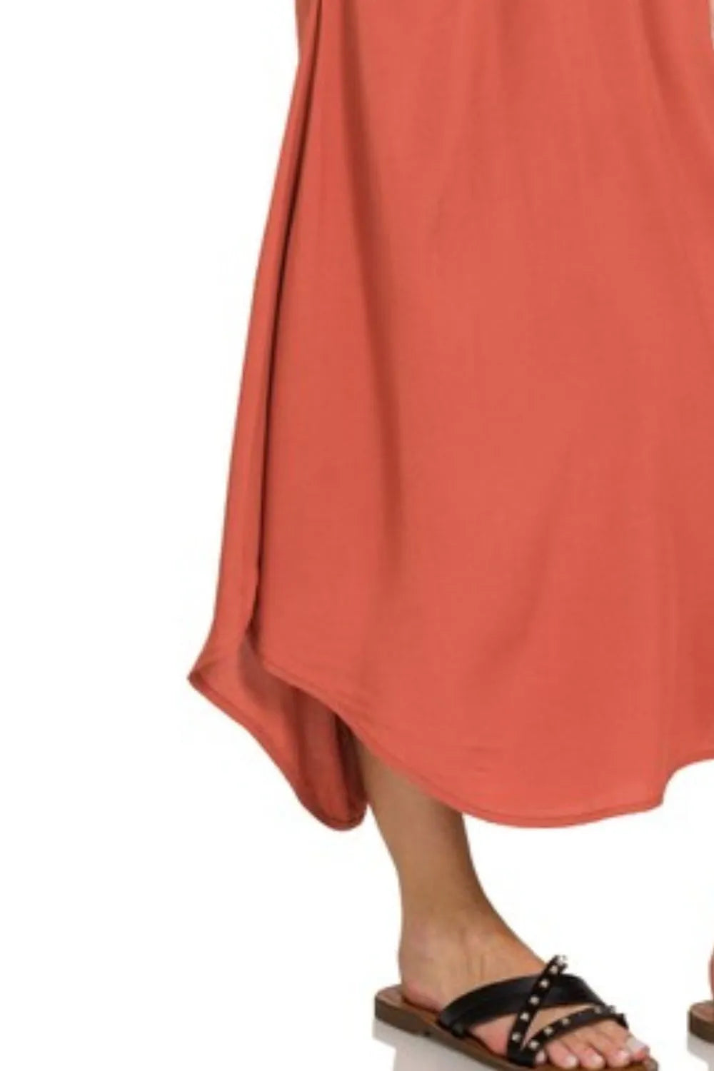 Rust-colored Zenana woven midi dress with arc hem, cami style, flowy fabric, and pockets, perfect for casual or summer wear.