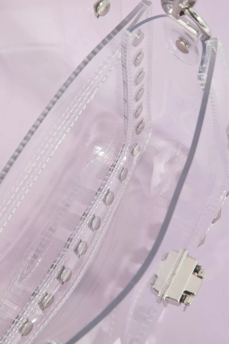 Clear studded crossbody stadium bag with chain strap from Trendsi, featuring a transparent design and silver-tone studs.