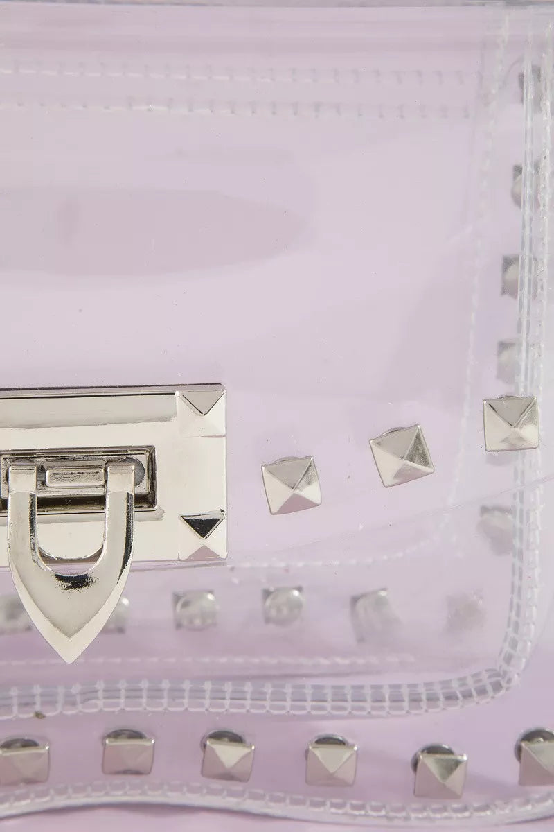 Clear stadium crossbody bag with studded design and chain strap by Trendsi, perfect for stylish events and concerts.