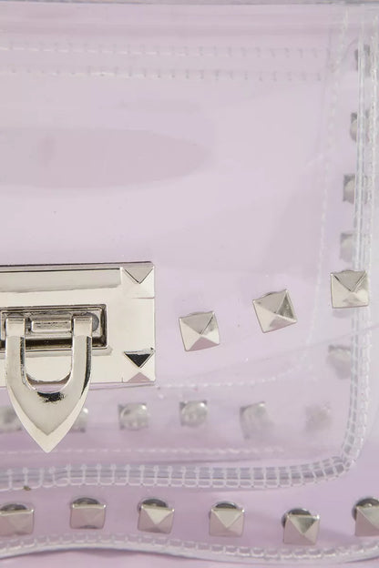 Clear stadium crossbody bag with studded design and chain strap by Trendsi, perfect for stylish events and concerts.