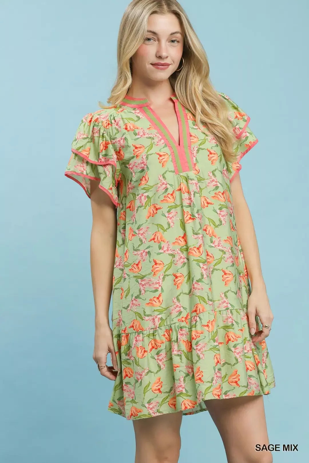 Umgee floral tiered dress with flutter sleeves in sage, featuring a feminine, layered design perfect for casual or dressy occasions.
