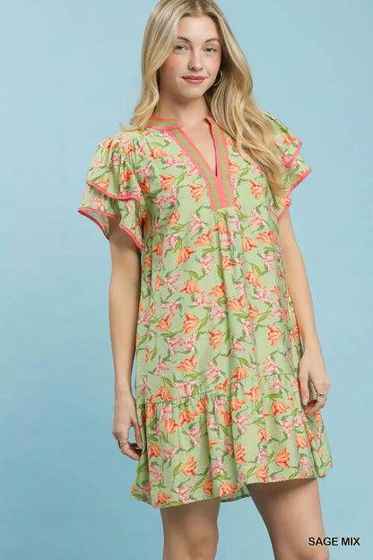 Umgee floral tiered dress with flutter sleeves in sage, featuring a feminine, layered design perfect for casual or dressy occasions.