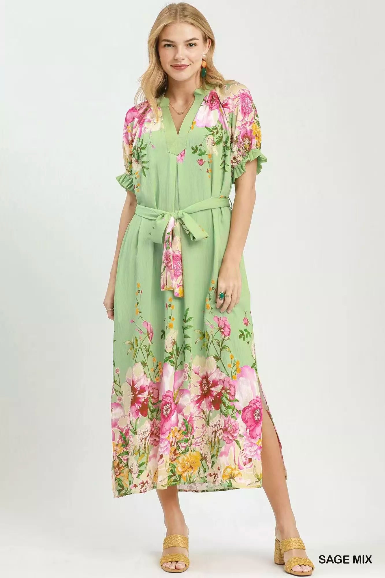 Trendsi Umgee Mix Floral Border Print Midi Dress featuring a flowy silhouette and vibrant floral pattern.