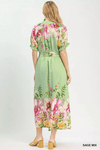 Sage green Umgee floral border print midi dress by Trendsi featuring a relaxed fit and lightweight fabric design.