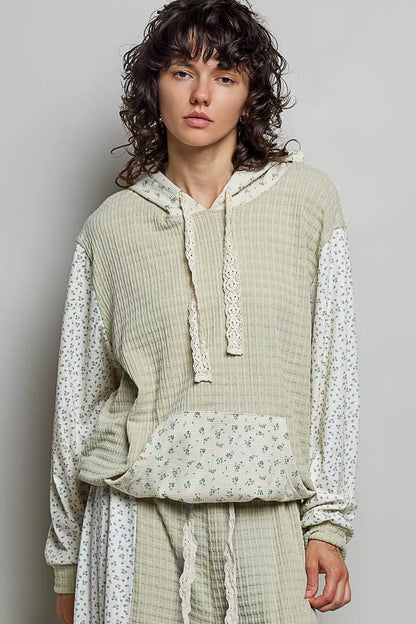 Trendsi POL mixed knit hoodie with contrast printed sleeves and kangaroo pocket, casual streetwear style in sage and multicolor.