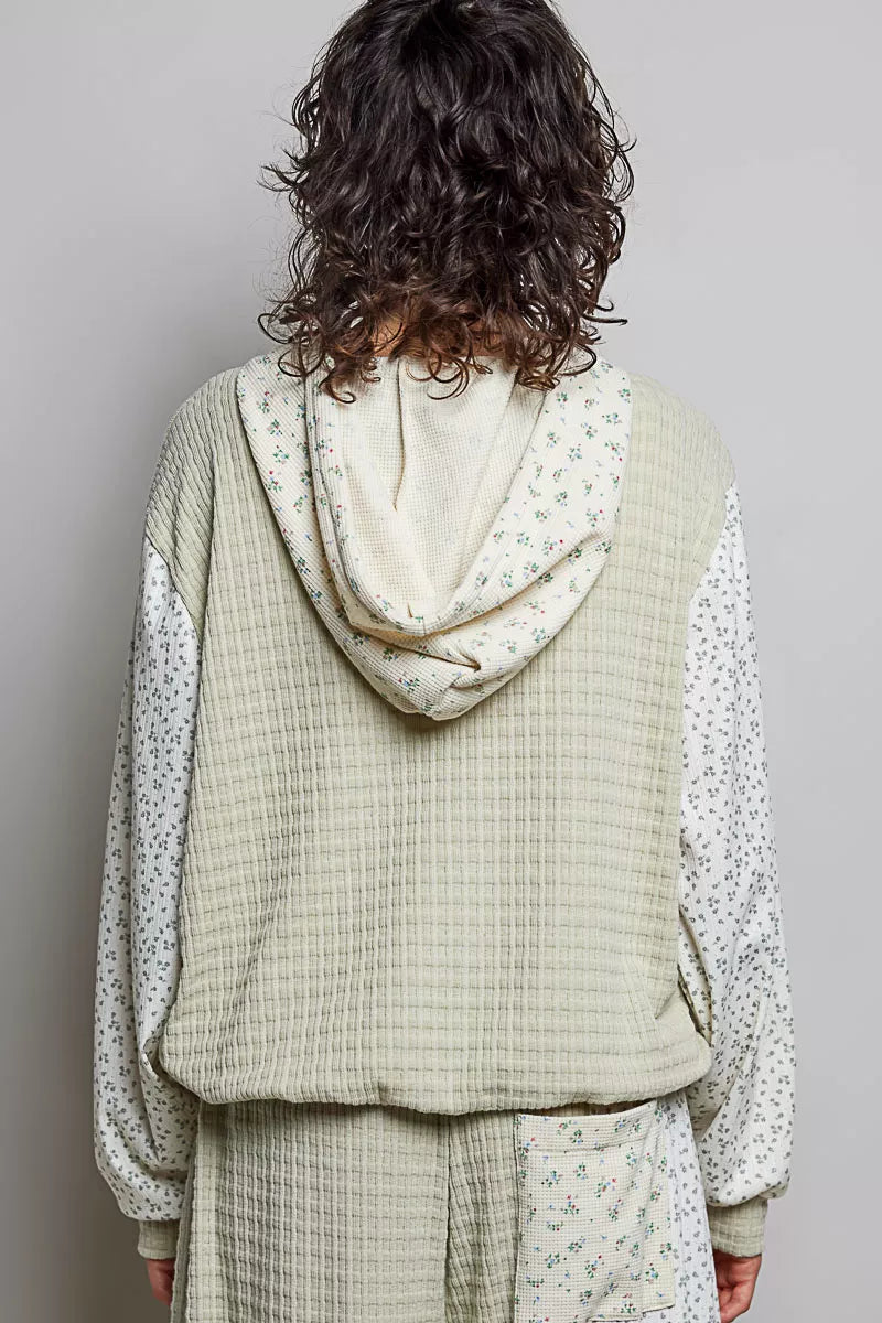 Trendsi POL mixed knit hoodie with contrast printed sleeves, kangaroo pocket, in sage multi-color, casual and comfy style.