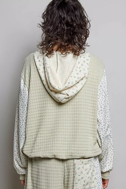 Trendsi POL mixed knit hoodie with contrast printed sleeves, kangaroo pocket, in sage multi-color, casual and comfy style.