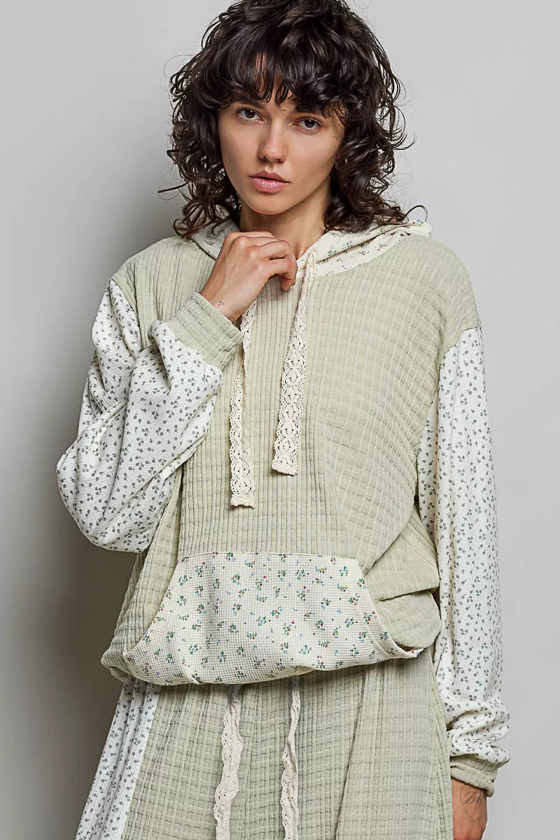 Trendi POL mixed knit contrast print sleeve hoodie with kangaroo pocket in sage and multi-tone colors, casual and stylish.
