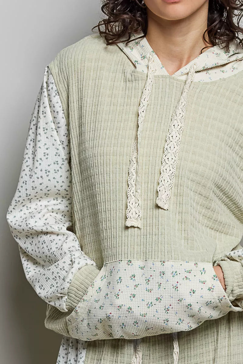 Trendsi POL mixed knit hoodie with contrast printed sleeves and kangaroo pocket, in sage and multi-color design.