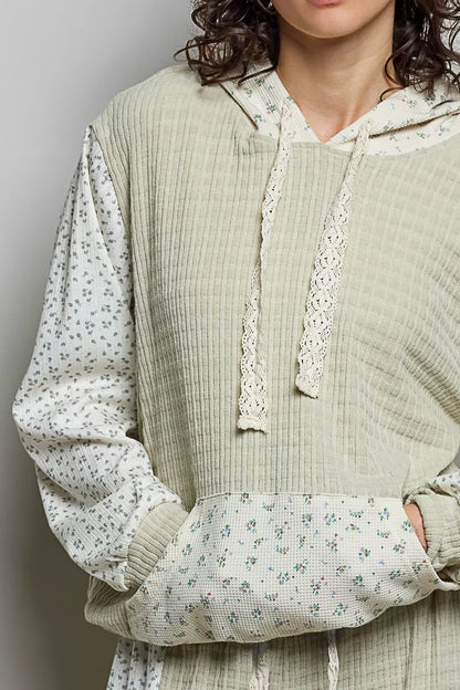 Trendsi POL mixed knit hoodie with contrast printed sleeves and kangaroo pocket, in sage and multi-color design.