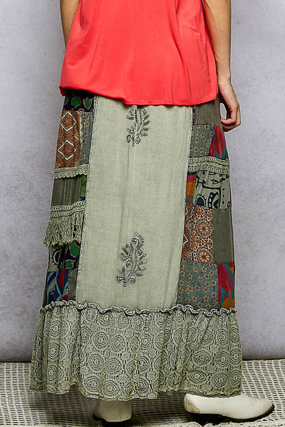 Trendsi POL printed patchwork embroidered ruffled skirt in sage and multi-color, featuring a flowy design with intricate embroidery.