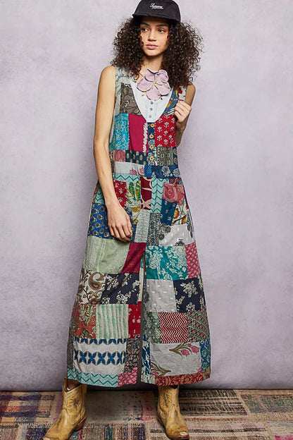 Trendsi sleeveless patchwork wide-leg jumpsuit in sage and multicolor fabric, featuring a relaxed fit and stylish design.