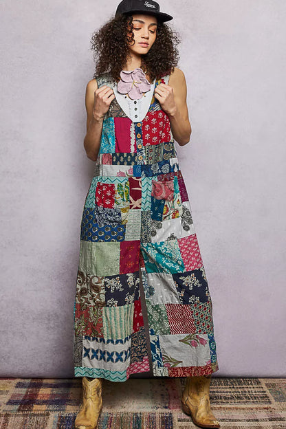 Sage green sleeveless patchwork wide-leg jumpsuit by Trendsi, featuring a relaxed fit and stylish design.