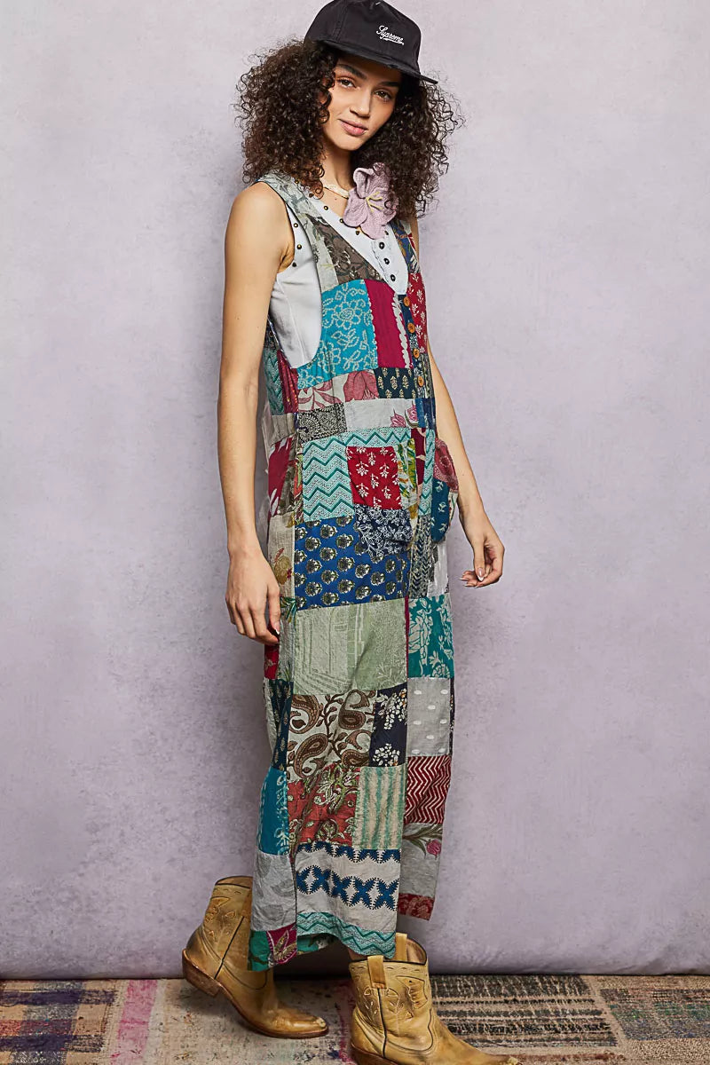 Trendsi POL sleeveless patchwork wide-leg jumpsuit in sage and multi-color fabric, featuring a relaxed fit and stylish design.