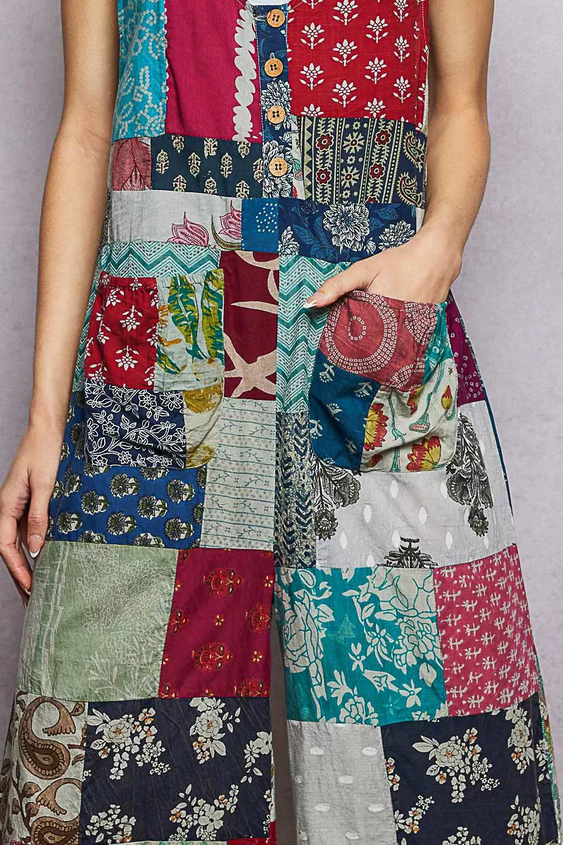 Trendsi sleeveless patchwork wide-leg jumpsuit in multicolor sage with relaxed fit and stylish design.