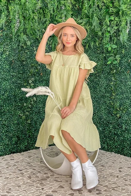 Trendsi And The Why cotton gauze baby doll casual dress in sage green, lightweight and breezy for a comfortable, relaxed fit.