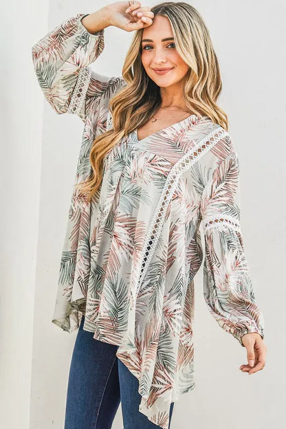 Sage green casual tunic top with printed design and lace trim, from Trendsi, styled with short sleeves and relaxed fit.