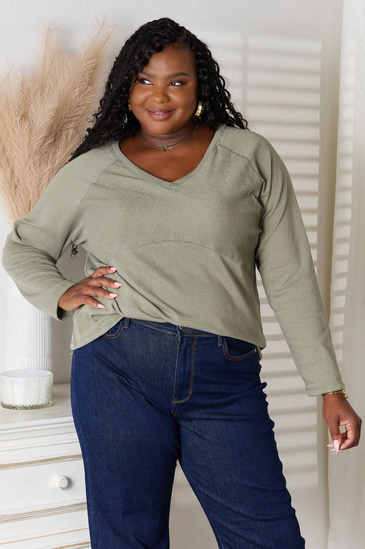 Sage green Culture Code full size V-neck long sleeve T-shirt by Trendsi, soft fabric with a relaxed fit and V-neck design.