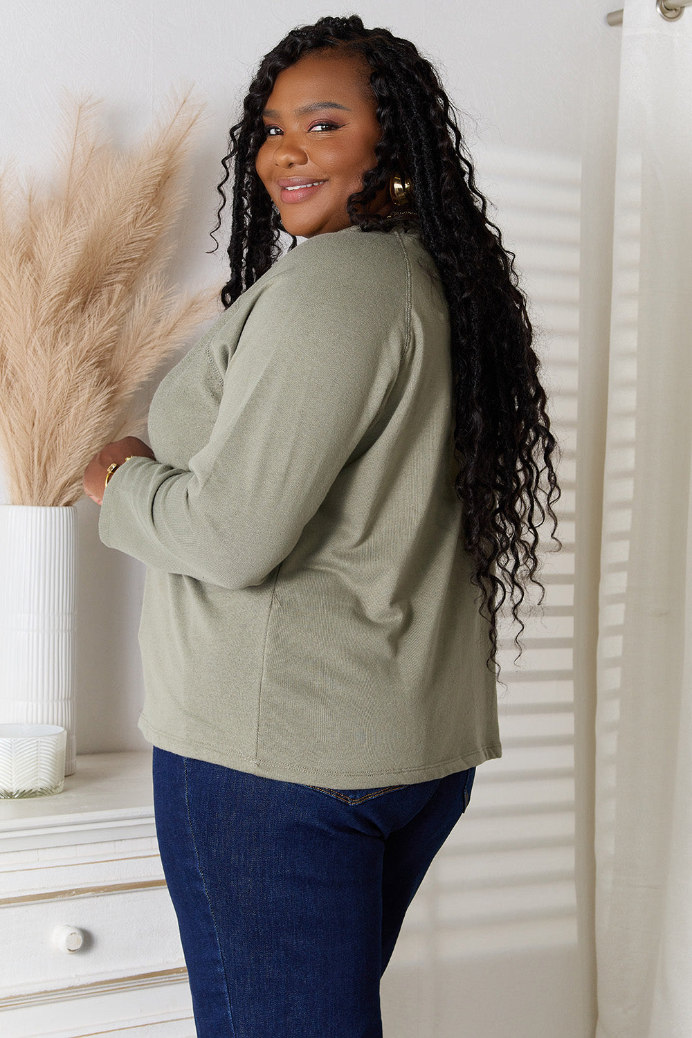 Sage green Culture Code full-size V-neck long sleeve T-shirt by Trendsi, shown on a model with a relaxed fit and soft fabric.