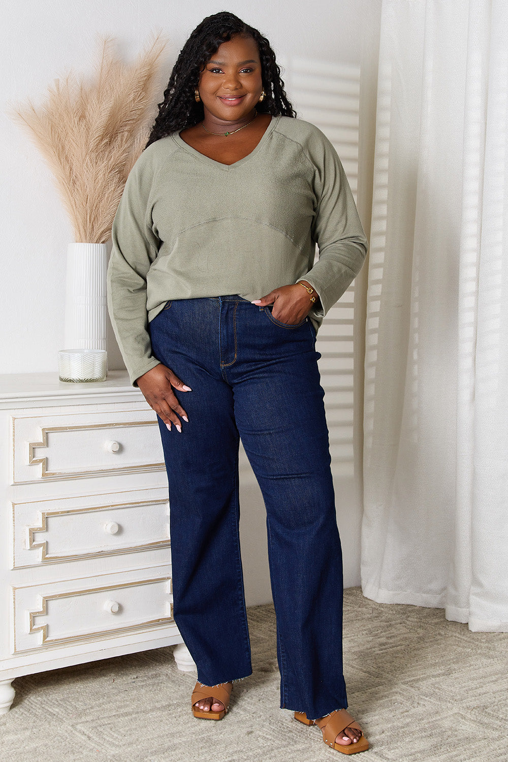 Sage green Culture Code full size V-neck long sleeve T-shirt by Trendsi, shown flat with soft fabric and fitted style.