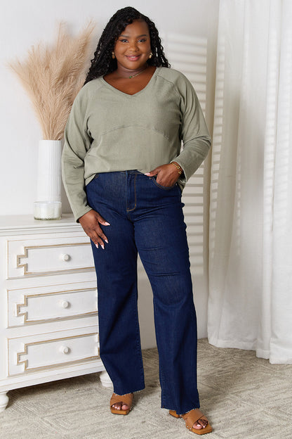 Sage green Culture Code full size V-neck long sleeve T-shirt by Trendsi, shown flat with soft fabric and fitted style.