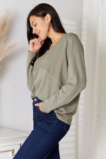 Sage green Culture Code full-size V-neck long sleeve T-shirt by Trendsi, showcasing a comfortable fit and stylish design.