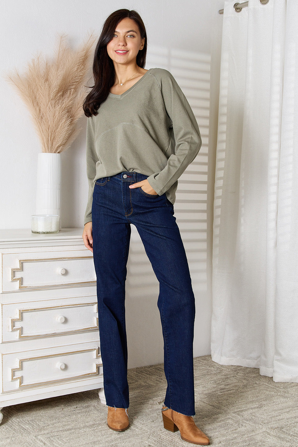 Sage green Culture Code full-size V-neck long sleeve T-shirt by Trendsi, stylish and comfortable casual wear.