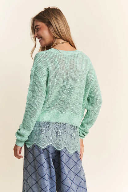 Sage green J.NNA lace detail long sleeve knit top by Trendsi featuring delicate lace accents and a fitted, cozy design.