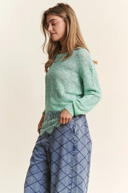 Sage green J.NNA lace detail long sleeve knit top by Trendsi, featuring intricate lace accents and a fitted knit design.