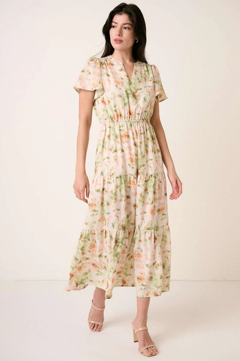 Flower print Flutter Sleeve V slit maxi dress by Mittoshop, featuring a flowing design and elegant floral pattern.