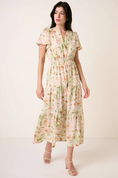 Flower print Flutter Sleeve V slit maxi dress by Mittoshop, featuring a flowing design and elegant floral pattern.