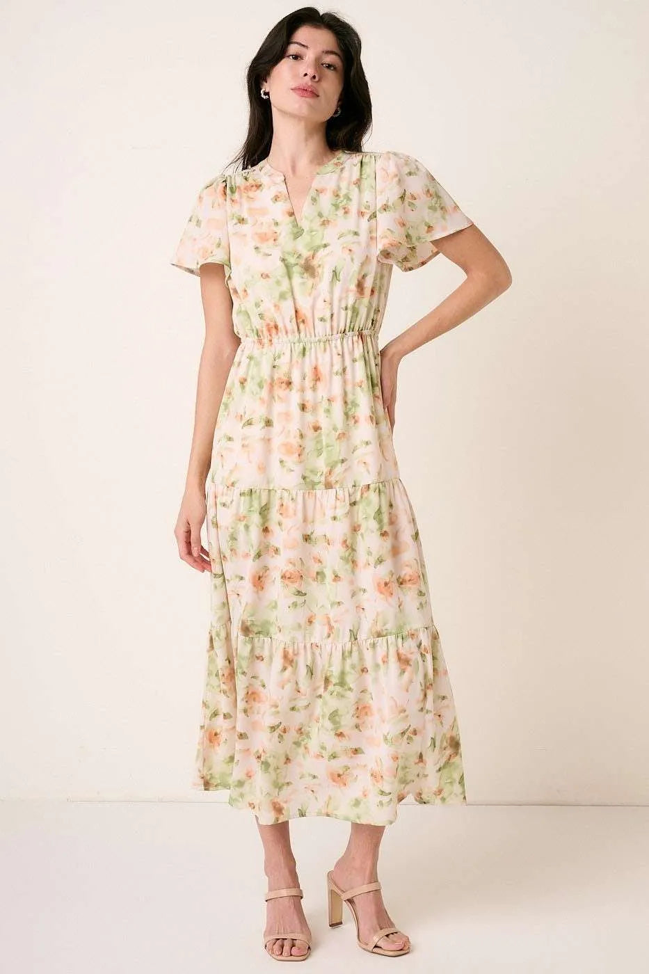 Sage green Mittoshop flower print maxi dress with flutter sleeves and V slit neckline, stylish and flowy for summer wear.