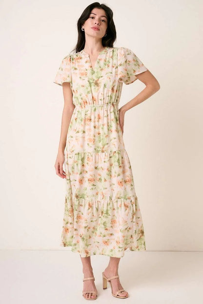 Sage green Mittoshop flower print maxi dress with flutter sleeves and V slit neckline, stylish and flowy for summer wear.