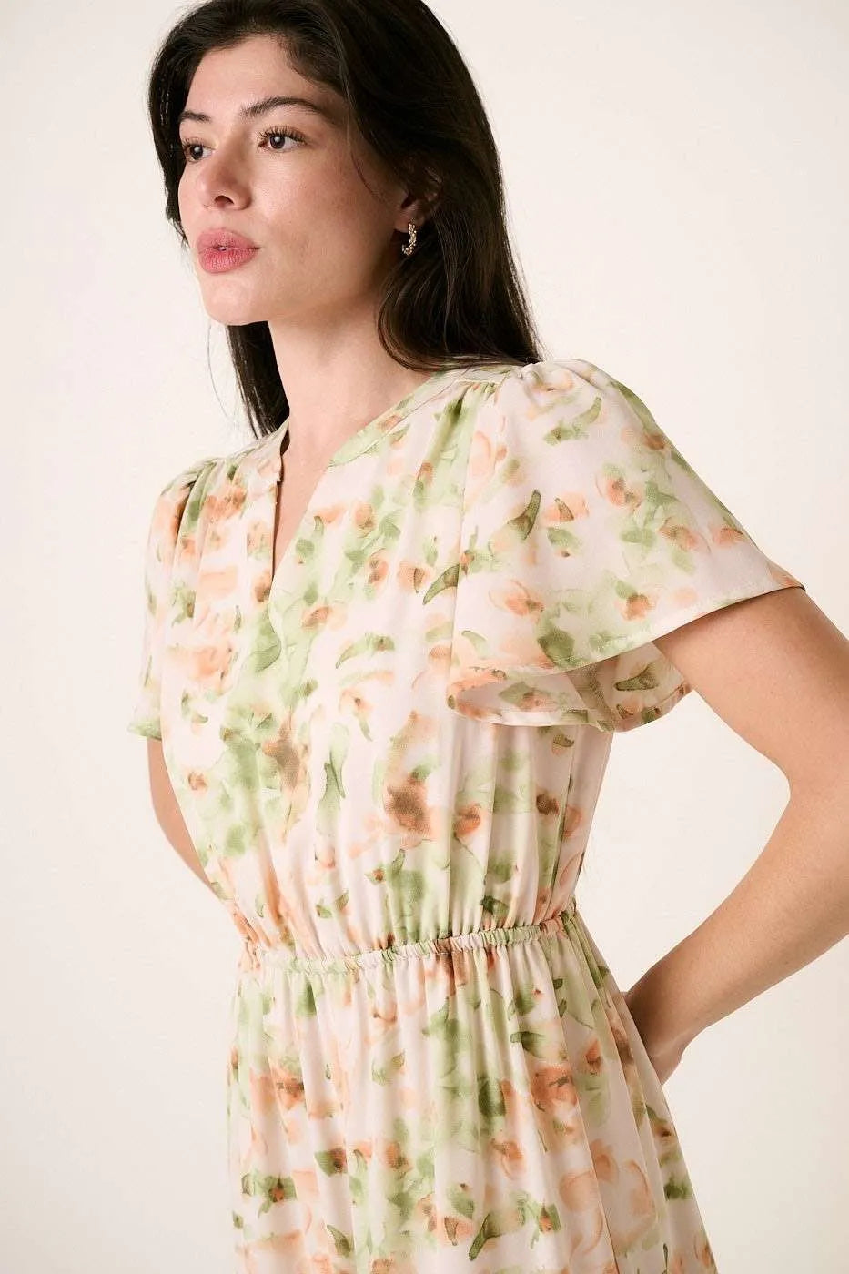 Sage green flower print maxi dress with flutter sleeves and V slit neckline by Mittoshop, perfect for summer wear.
