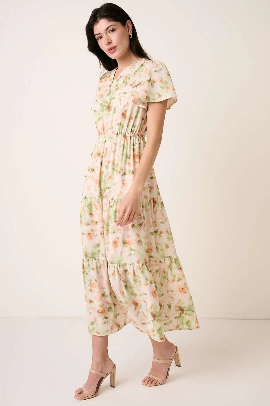 Flower print Flutter Sleeve V slit Maxi Dress by Mittoshop, featuring a flowing silhouette and vibrant floral pattern.