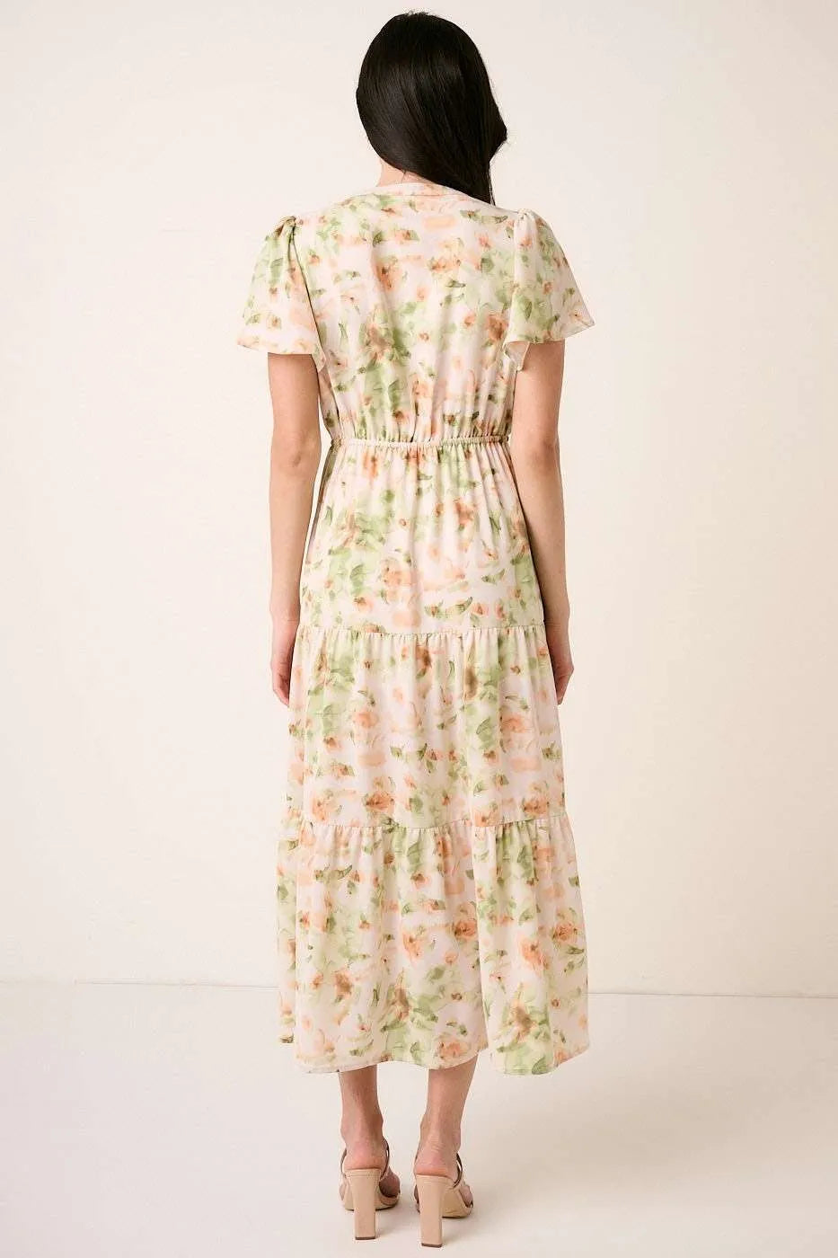 Flower print Flutter Sleeve V slit Maxi Dress by Mittoshop, featuring a flowing silhouette and floral pattern in a vibrant style.